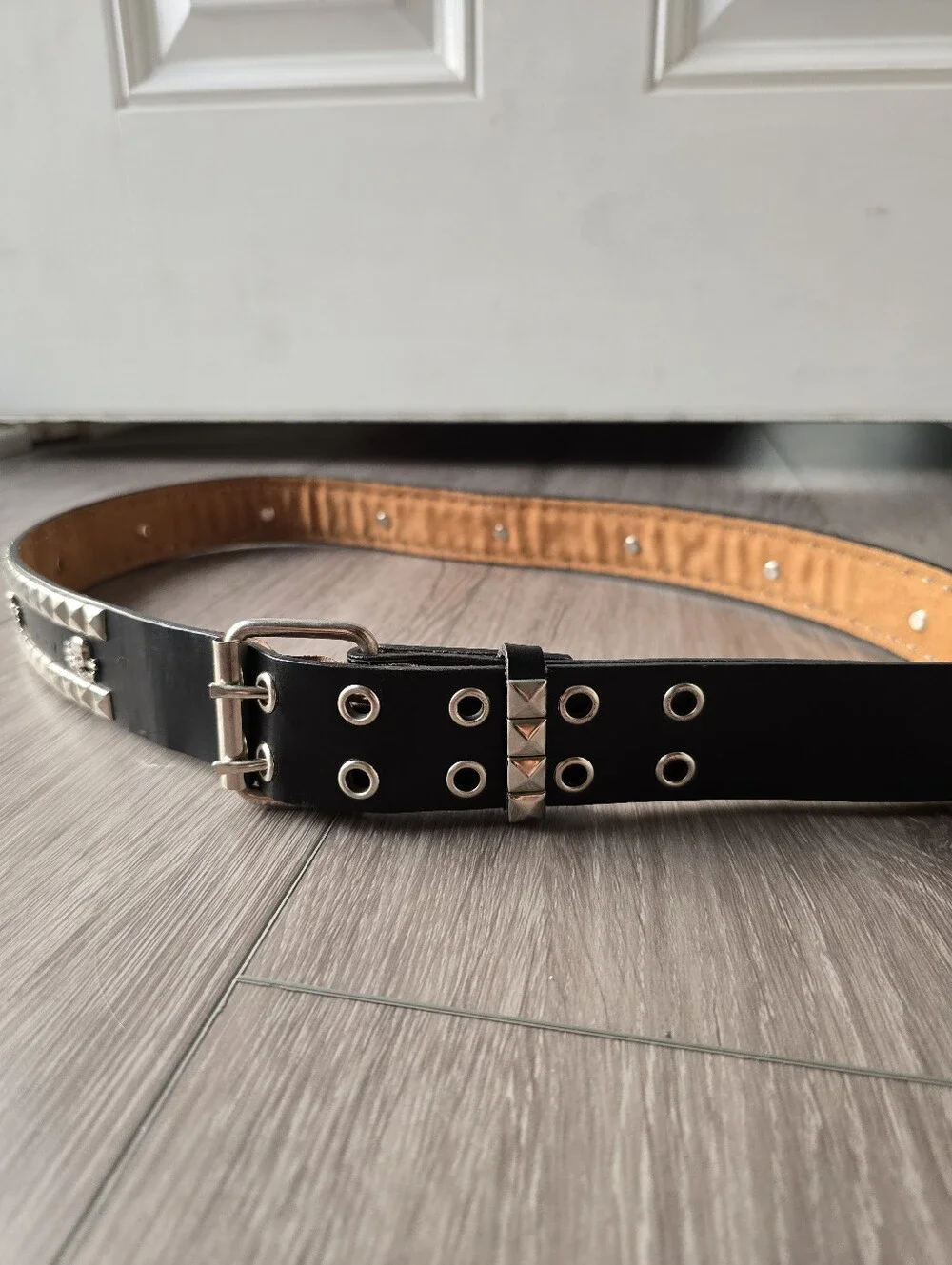 Studded Leather Belt Pyramid Studs Skull Crossbones Punk Emo Black Size L Y2K
